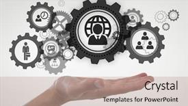  Presentation with company profile - Presentation design having computer company profile - hand interacting with people background and a coral colored foreground