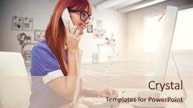  Presentation with mobile phone in woman hand - Slides having computer company profile - smiling hipster woman on phone background and a lemonade colored foreground