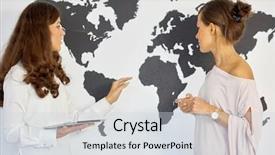  Presentation with world map - Slides consisting of computer company profile - two young businesswomen talk background and a lemonade colored foreground