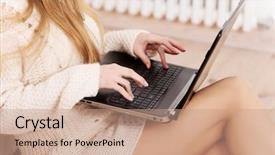  Presentation with laptop computers around the world backgroun - PPT layouts enhanced with computer comunication - beautiful caucasian woman in bright background and a  colored foreground