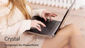  Presentation with bright - Cool new PPT layouts with computer comunication - beautiful caucasian woman in bright backdrop and a  colored foreground