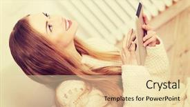  Presentation with wooden floor and gold frame - Slide deck having computer comunication - beautiful caucasian woman sitting background and a  colored foreground