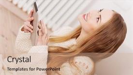  Presentation with wooden floor and gold frame - Colorful slide set enhanced with computer comunication - beautiful caucasian woman sitting backdrop and a  colored foreground