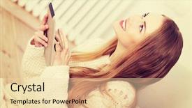  Presentation with wooden - Slides featuring computer comunication - beautiful caucasian woman sitting background and a  colored foreground