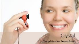  Presentation with sitting teddy bear isolated - Slides with computer comunication - beauty girl look in webcamera background and a coral colored foreground