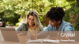  Presentation with young happy couple - Audience pleasing theme consisting of computer comunication - happy young multiethnic couple spending backdrop and a coral colored foreground