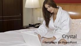  Presentation with laptop - Theme having computer comunication - portrait of beautiful brunette woman background and a  colored foreground