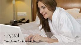  Presentation with laptop - PPT layouts enhanced with computer comunication - portrait of beautiful brunette woman background and a mint green colored foreground