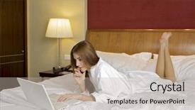  Presentation with black women beautiful woman - Presentation theme with computer comunication - portrait of beautiful brunette woman background and a mint green colored foreground