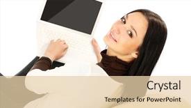  Presentation with laptop - PPT theme consisting of computer comunication - portrait of smiling woman sitting background and a  colored foreground