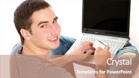  Presentation with earn money for shopping online - Audience pleasing PPT theme consisting of computer comunication - smiling man shopping online isolated backdrop and a coral colored foreground