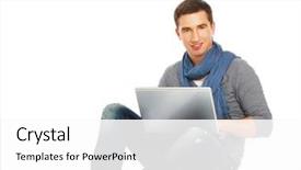  Presentation with young man holdng laptop on lap money - Beautiful presentation design featuring computer comunication - smiling man working backdrop and a white colored foreground