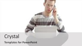  Presentation with 3d man sitting question mark - Cool new PPT theme with computer comunication - young man sitting with laptop backdrop and a light gray colored foreground