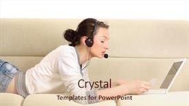  Presentation with laptop - Cool new PPT layouts with computer comunication - young woman lying on sofa backdrop and a  colored foreground