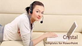  Presentation with young man holdng laptop on lap money - Presentation theme consisting of computer comunication - young woman lying on sofa background and a  colored foreground