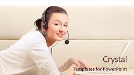  Presentation with laptop - Amazing PPT theme having computer comunication - young woman lying on sofa backdrop and a  colored foreground