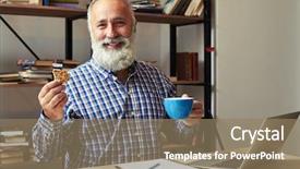  Presentation with cold brew coffee - Beautiful slide deck featuring computer cookies - cheerful businessman having coffee break backdrop and a coral colored foreground