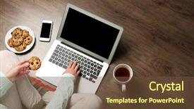  Presentation with reducing food waste - Amazing theme having computer cookies - girl with laptop and food backdrop and a  colored foreground