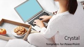 Presentation with food - Colorful presentation enhanced with computer cookies - girl with laptop and food backdrop and a light gray colored foreground