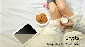  Presentation with being a single woman - PPT layouts enhanced with computer cookies - woman with tablet drinking milk background and a soft green colored foreground