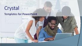  Presentation with office desk reception - Cool new PPT theme with computer cooling - attractive designers working in office backdrop and a sky blue colored foreground