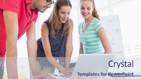  Presentation with casual young people - Amazing PPT theme having computer cooling - concentrated young casual people using backdrop and a sky blue colored foreground