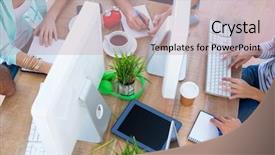  Presentation with creative - Audience pleasing PPT theme consisting of computer cooling - creative business teamin a meeting backdrop and a  colored foreground