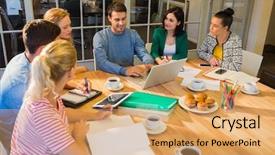  Presentation with group - Cool new PPT layouts with computer cooling - group of young colleagues using backdrop and a coral colored foreground