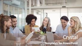  Presentation with five business people standing together and smiling - Colorful PPT theme enhanced with computer cooling - happy business people working together backdrop and a coral colored foreground