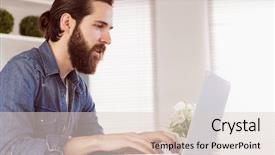  Presentation with office desk reception - Audience pleasing slides consisting of computer cooling - hipster businessman working at his backdrop and a  colored foreground