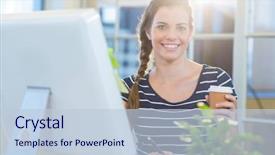  Presentation with fatherhood and working - Slide deck having computer cooling - smiling casual businesswoman working background and a light blue colored foreground