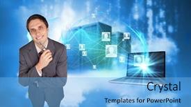  Presentation with critical thinking workshop - PPT theme having computer data blue - thinking businessman holding pen background and a light blue colored foreground