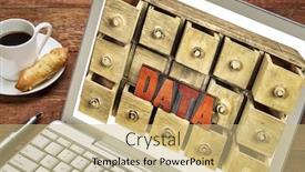  Presentation with computer storage - PPT theme enhanced with computer data storage concept - data word in vintage letterpress wood type stained by red ink and primitive rustic wooden apothecary or catalog drawer cabinet on a laptop screen with a cup of coffee background and a coral colored foreground