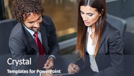  Presentation with using digital tablet - Slide set having computer devices - couple of business people using background and a  colored foreground