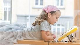  Presentation with touch screen - Slide deck consisting of computer devices - young caucasian girl using education background and a coral colored foreground