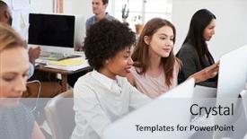  Presentation with women - Slides featuring computer discuss work in open background and a lemonade colored foreground