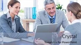  Presentation with young business people - Colorful presentation theme enhanced with computer documentation - business people interviewing young businesswoman backdrop and a  colored foreground