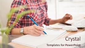  Presentation with women designing - Cool new slide deck with computer documentation - casual designer designing on working backdrop and a  colored foreground