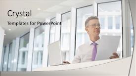  Presentation with railing - Beautiful slides featuring computer documentation - thoughtful businessman with laptop backdrop and a light gray colored foreground