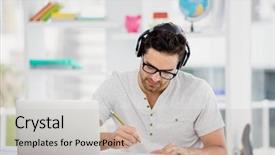  Presentation with office desk reception - Amazing PPT theme having computer documentation - young man working at his backdrop and a  colored foreground