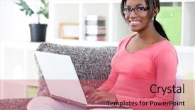  Presentation with home lending - Amazing slide deck having computer e learning - african woman using laptop backdrop and a coral colored foreground