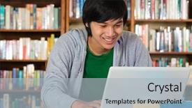  Presentation with student - Presentation theme with computer e learning - student - young asian man background and a light gray colored foreground