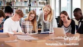  Presentation with college students - Beautiful slide deck featuring computer education - female teacher working with college backdrop and a coral colored foreground