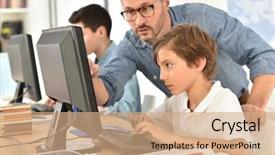  Presentation with class - Colorful presentation design enhanced with computer education - teacher with kids in computing backdrop and a coral colored foreground