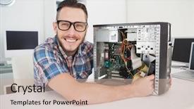  Presentation with motherboard - Beautiful theme featuring computer engineer working on broken backdrop and a soft green colored foreground
