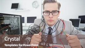  Presentation with cables - Slides enhanced with computer engineer working on broken cables in his office background and a violet colored foreground