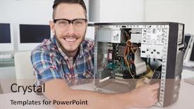  Presentation with maintenance - PPT layouts featuring computer engineer working on broken background and a coral colored foreground