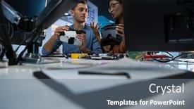  Presentation with computer motherboard - Colorful slides enhanced with computer-engineers-repairing-motherboard backdrop and a gray colored foreground