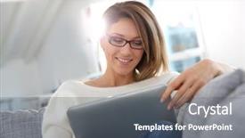  Presentation with internet - Amazing slide deck having computer entertainment - beautiful blond woman at home backdrop and a gray colored foreground