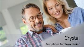  Presentation with internet - Slide deck enhanced with computer entertainment - mature couple connected on internet background and a light gray colored foreground